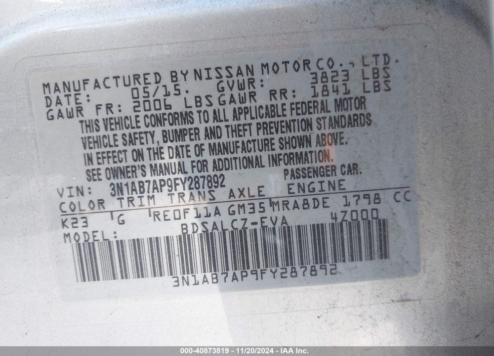 2015 NISSAN SENTRA VIN: 3N1AB7AP9FY287892