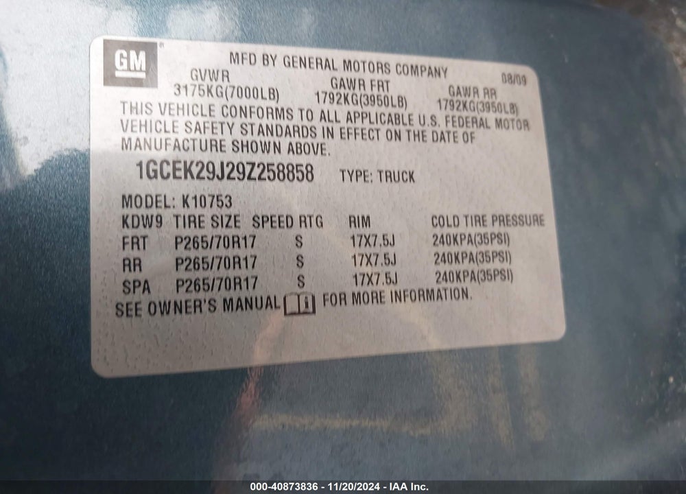 2009 CHEVROLET SILVERADO 1500 LT VIN: 1GCEK29J29Z258858