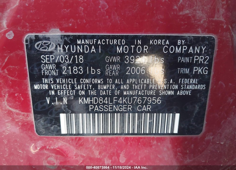 2019 HYUNDAI ELANTRA SEL VIN: KMHD84LF4KU767956