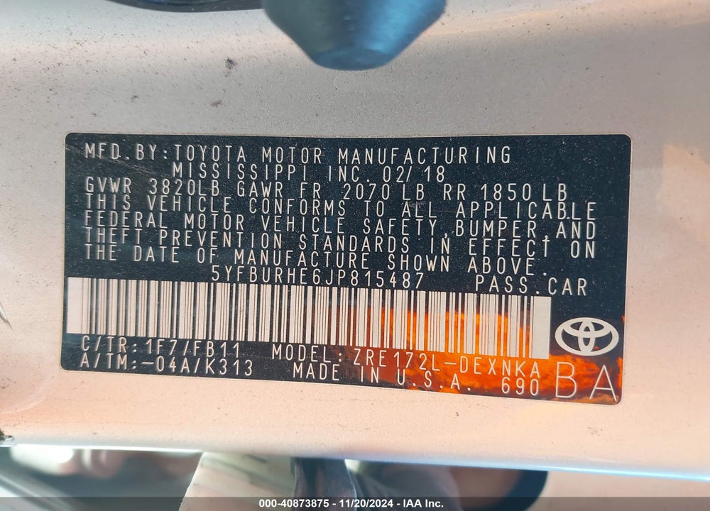 2018 TOYOTA COROLLA LE VIN: 5YFBURHE6JP815487