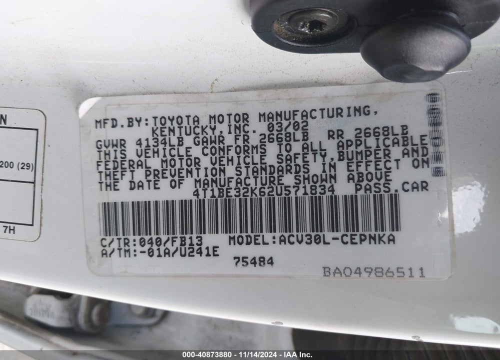 2002 TOYOTA CAMRY LE VIN: 4T1BE32K62U571834