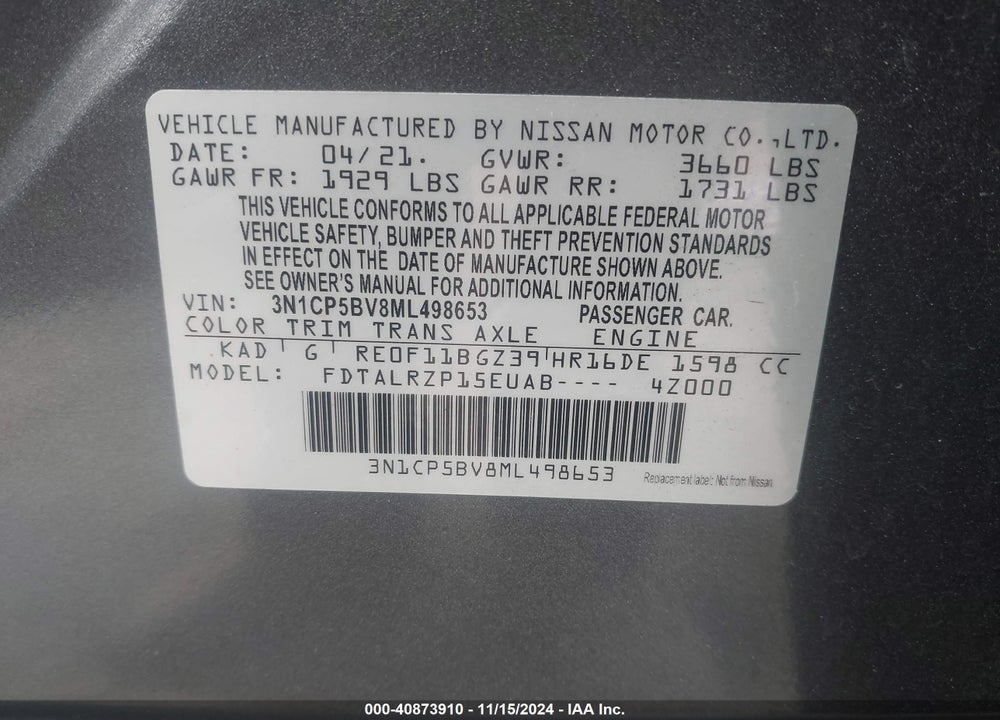 2021 NISSAN KICKS S XTRONIC CVT VIN: 3N1CP5BV8ML498653