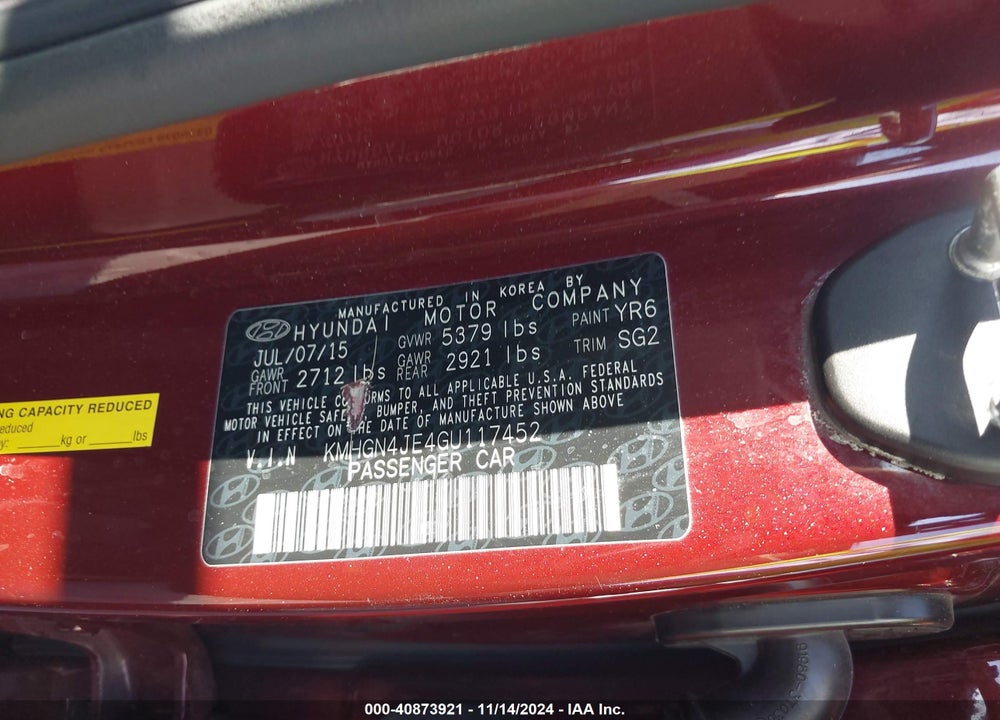 2016 HYUNDAI GENESIS 3.8 VIN: KMHGN4JE4GU117452
