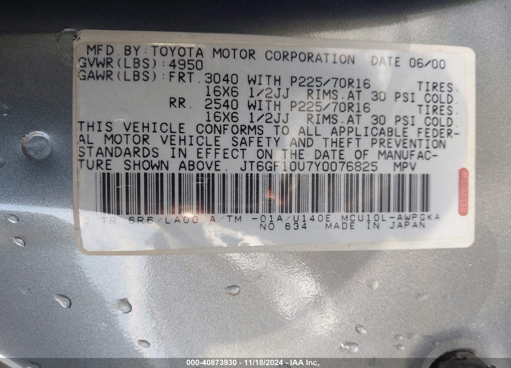 2000 LEXUS RX 300 VIN: JT6GF10U7Y0076825