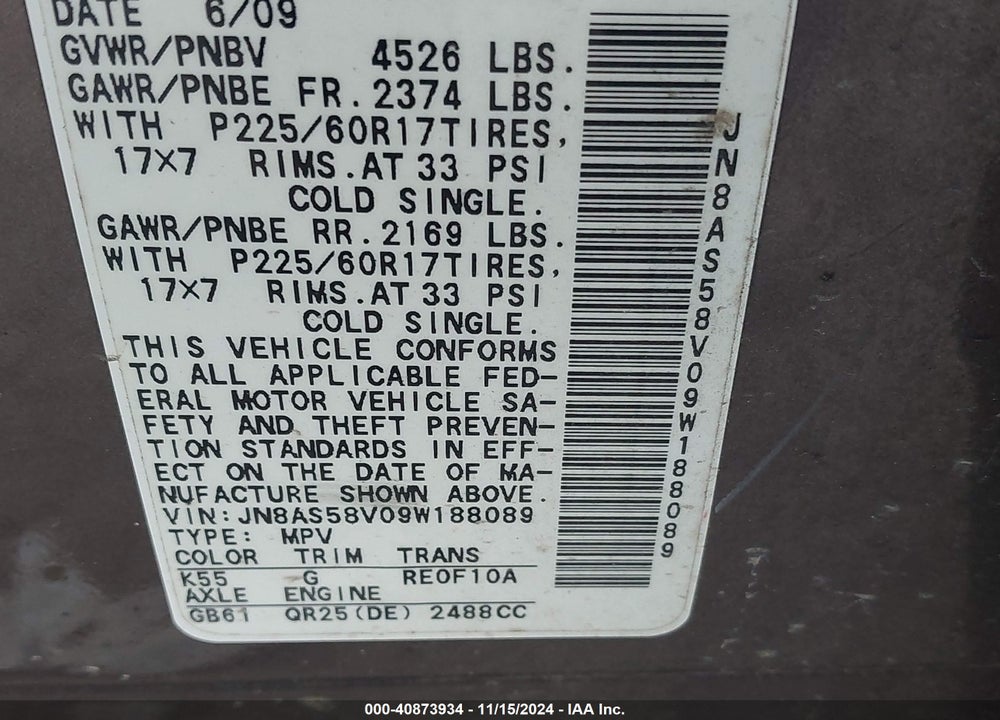 2009 NISSAN ROGUE SL VIN: JN8AS58V09W188089