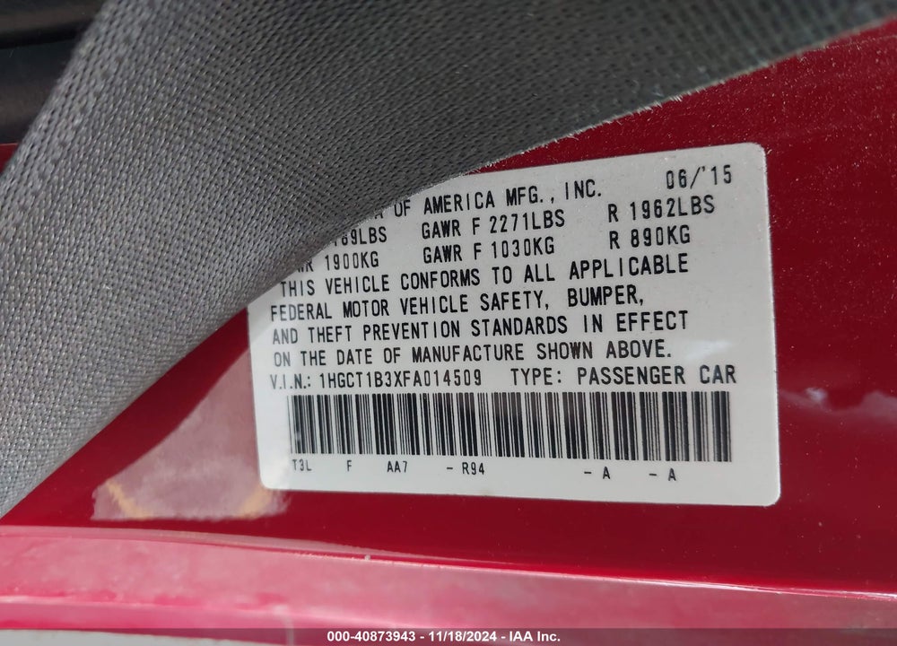 2015 HONDA ACCORD LX-S VIN: 1HGCT1B3XFA014509
