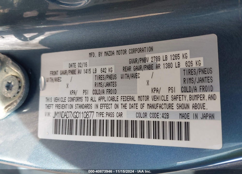2016 MAZDA MX-5 MIATA GRAND TOURING VIN: JM1NDAD7XG0110877
