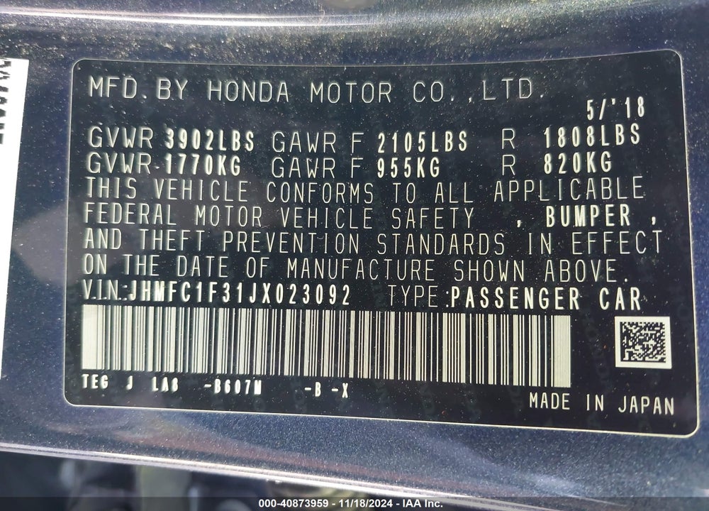 2018 HONDA CIVIC EX-T VIN: JHMFC1F31JX023092