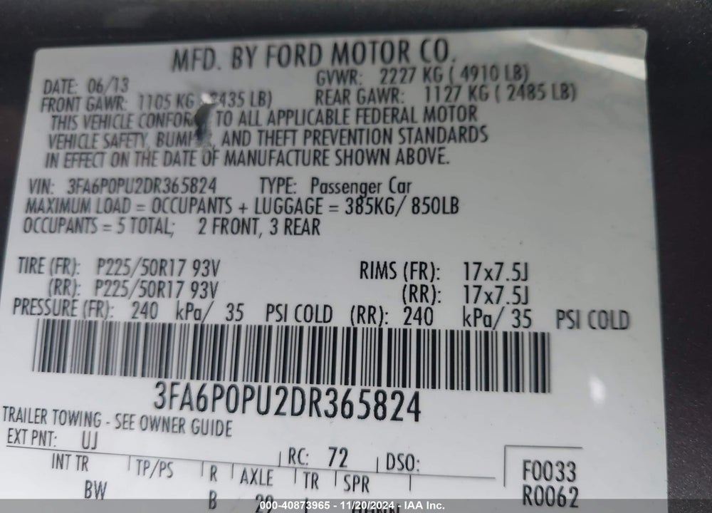 2013 FORD FUSION ENERGI SE LUXURY VIN: 3FA6P0PU2DR365824