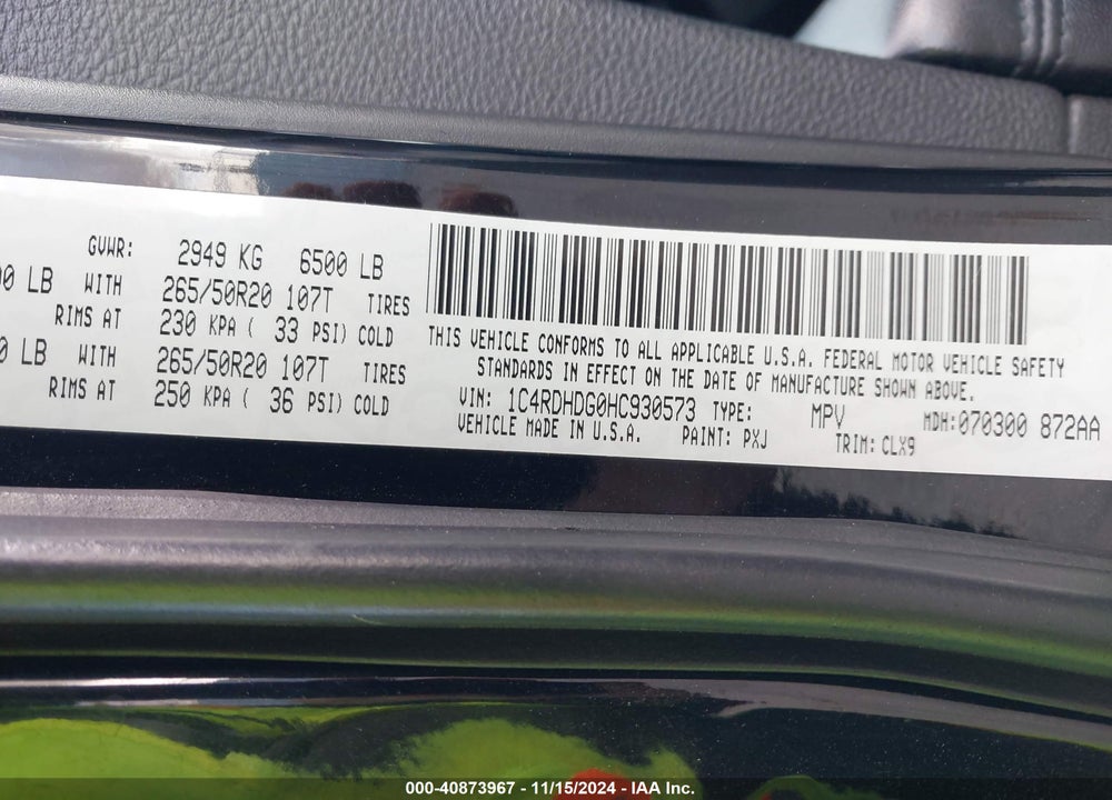 2017 DODGE DURANGO VIN: 1C4RDHDG0HC930573