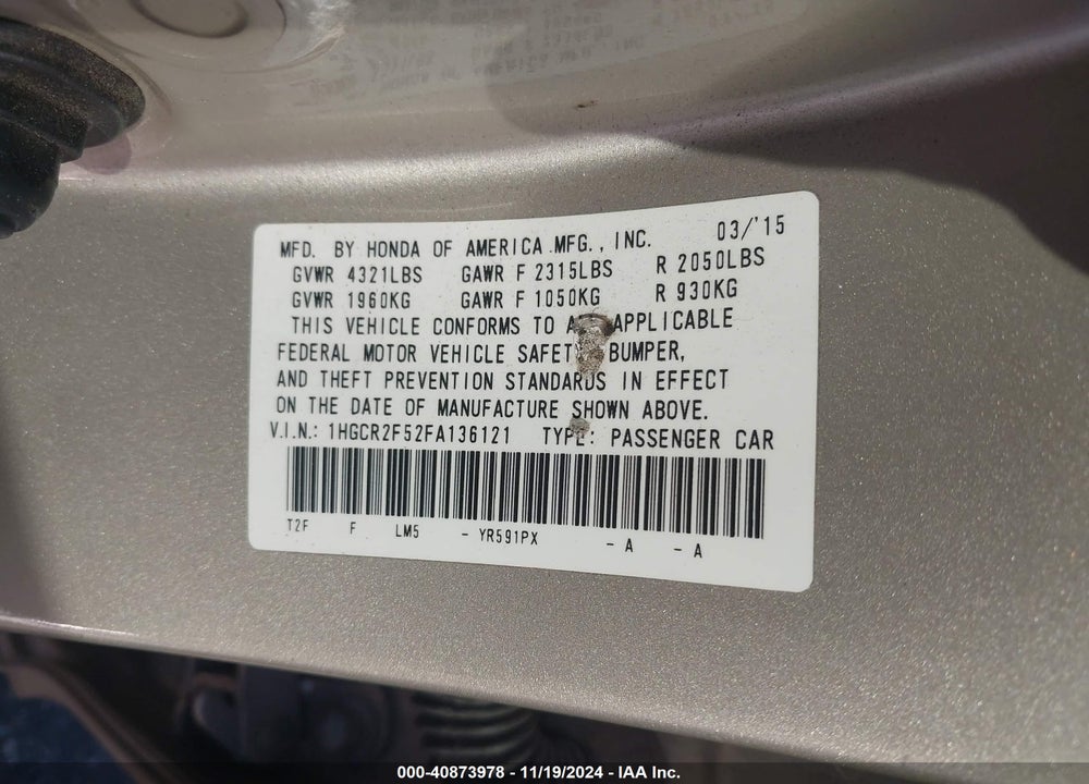 2015 HONDA ACCORD SPORT VIN: 1HGCR2F52FA136121