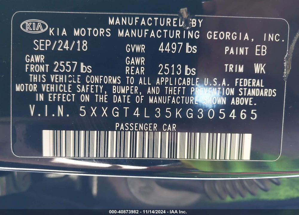2019 KIA OPTIMA LX VIN: 5XXGT4L35KG305465
