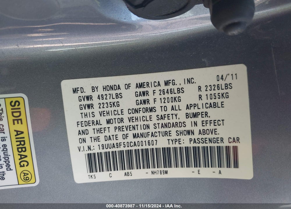 2012 ACURA TL 3.7 VIN: 19UUA9F50CA001607
