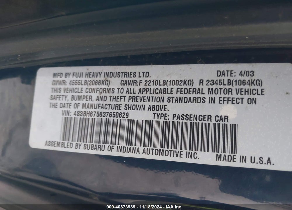 2003 SUBARU LEGACY OUTBACK AWP VIN: 4S3BH675637650629