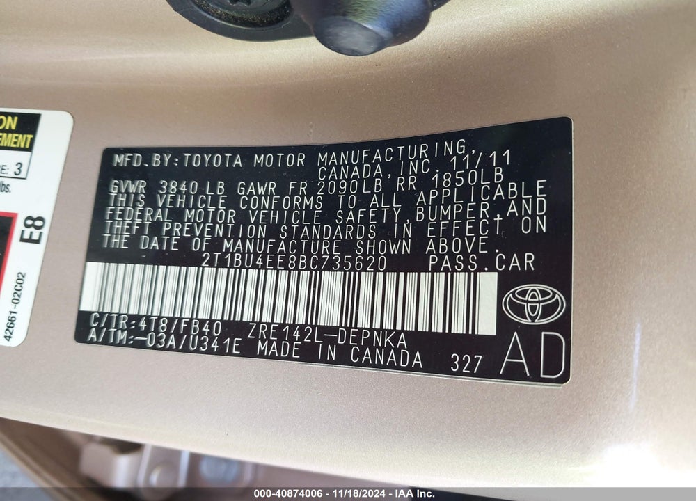2011 TOYOTA COROLLA LE VIN: 2T1BU4EE8BC735620