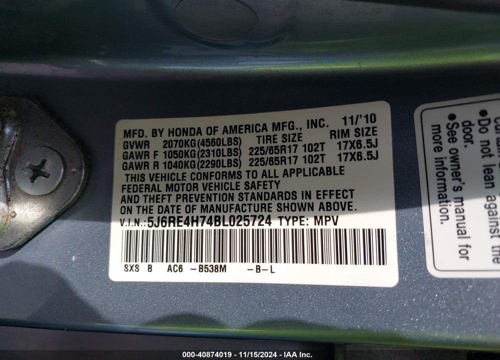 2011 HONDA CR-V EX-L VIN: 5J6RE4H74BL025724