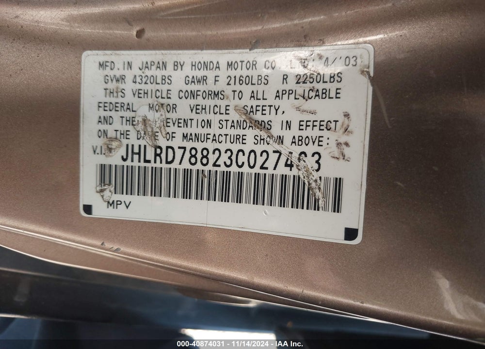 2003 HONDA CR-V EX VIN: JHLRD78823C027463