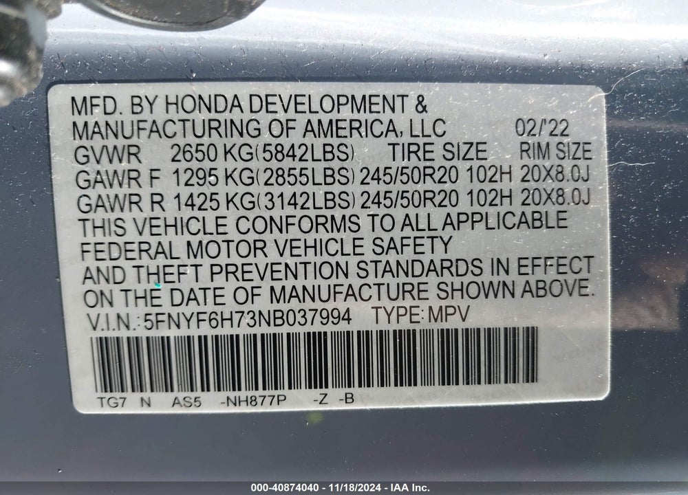 2022 HONDA PILOT AWD BLACK EDITION VIN: 5FNYF6H73NB037994