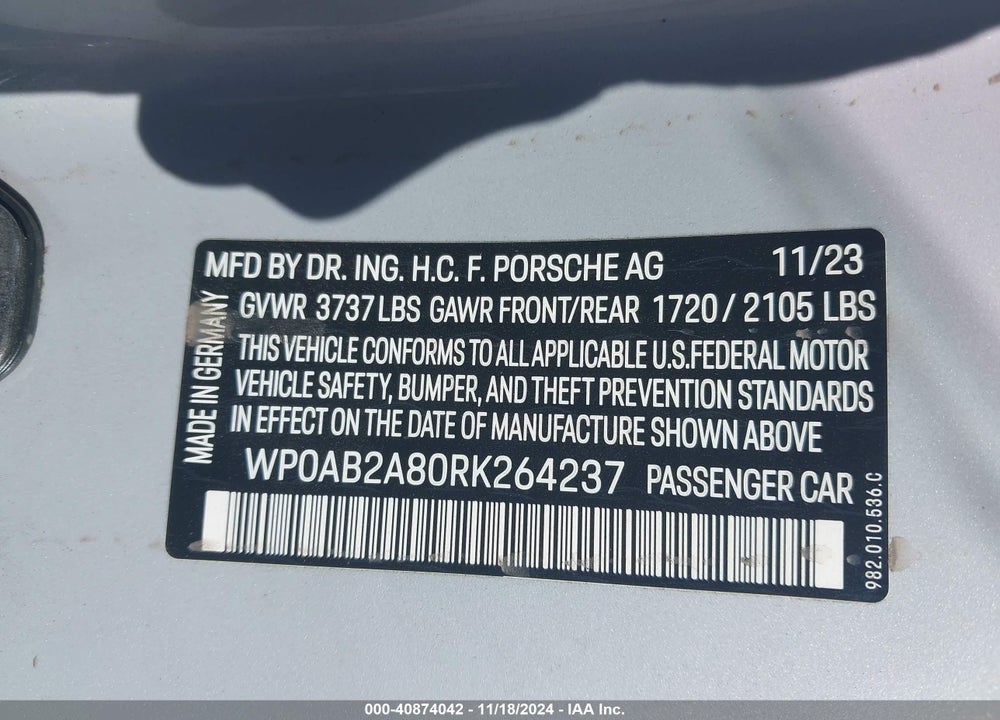 2024 PORSCHE 718 CAYMAN S VIN: WP0AB2A80RK264237