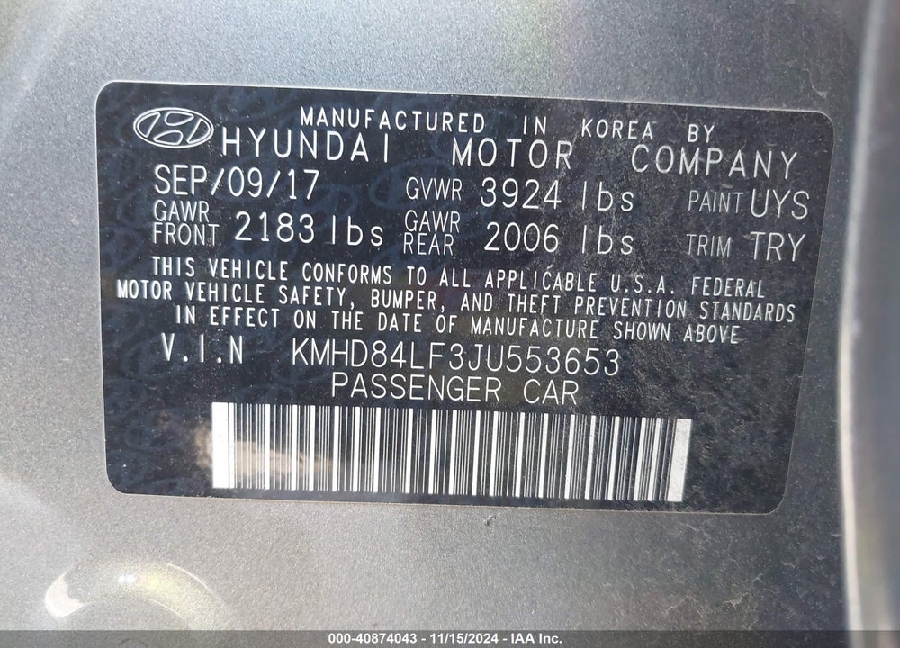 2018 HYUNDAI ELANTRA VALUE EDITION VIN: KMHD84LF3JU553653