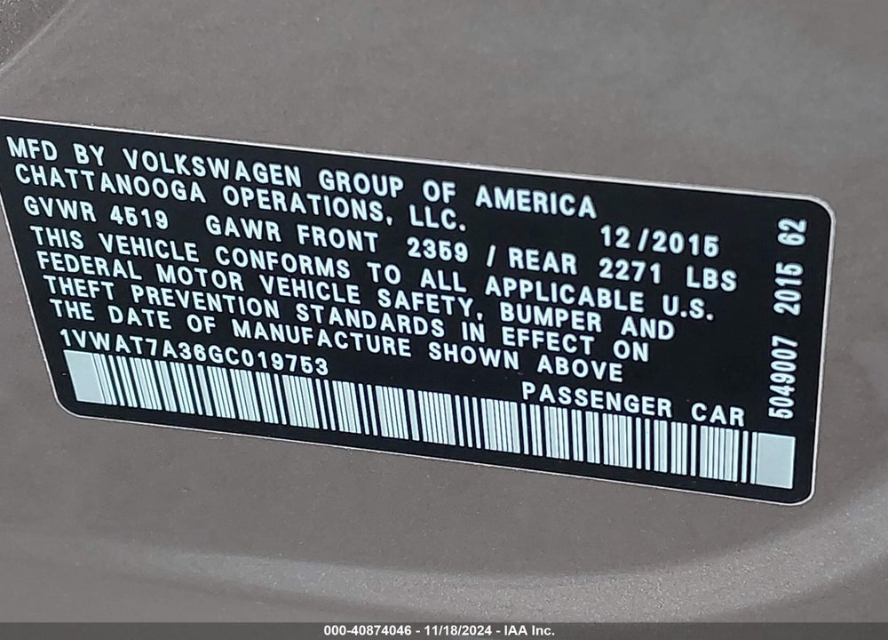 2016 VOLKSWAGEN PASSAT 1.8T S VIN: 1VWAT7A36GC019753