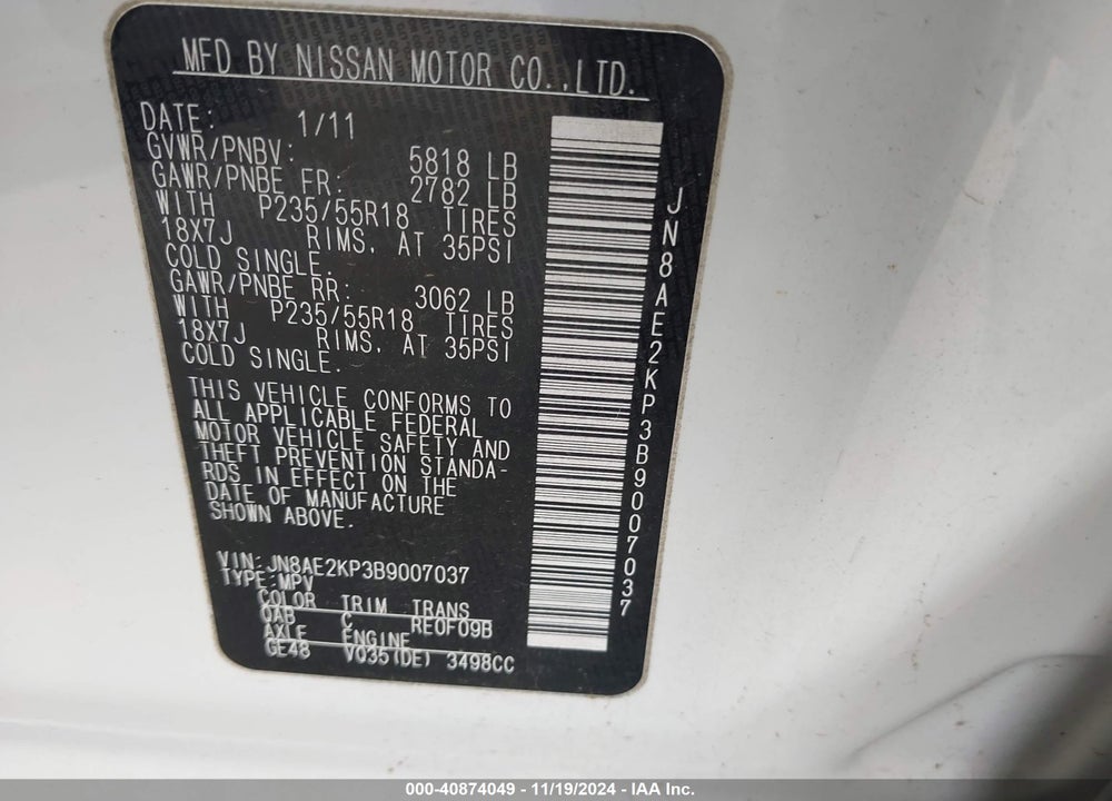 2011 NISSAN QUEST SL VIN: JN8AE2KP3B9007037
