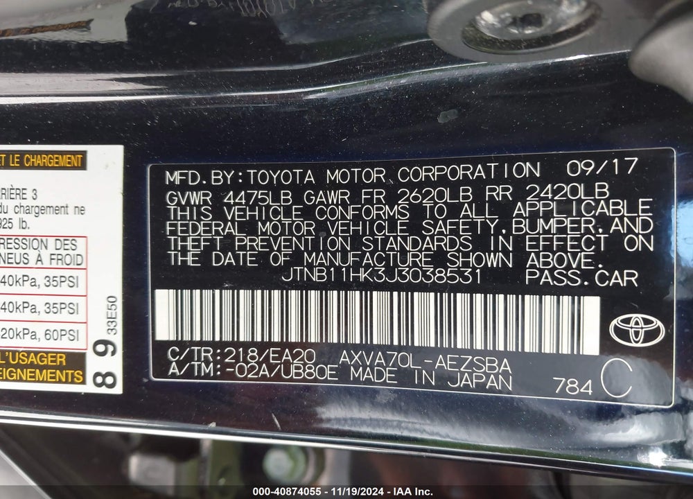 2018 TOYOTA CAMRY SE VIN: JTNB11HK3J3038531