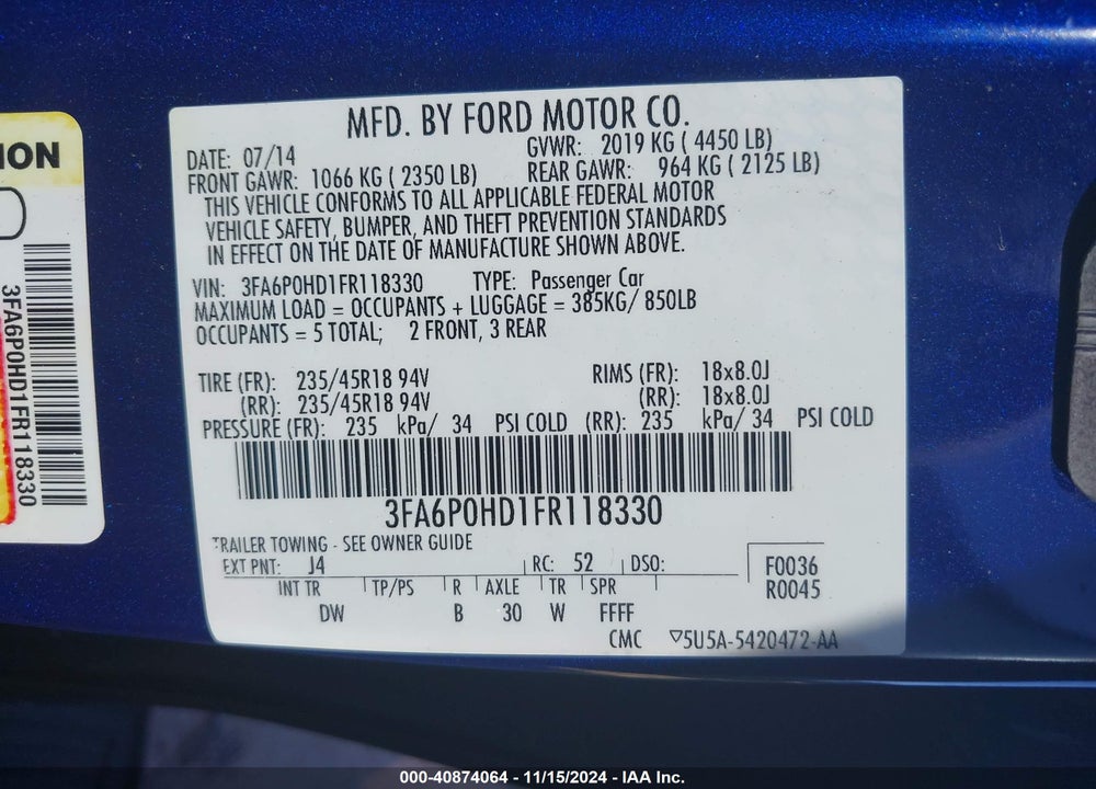 2015 FORD FUSION VIN: 3FA6P0HD1FR118330