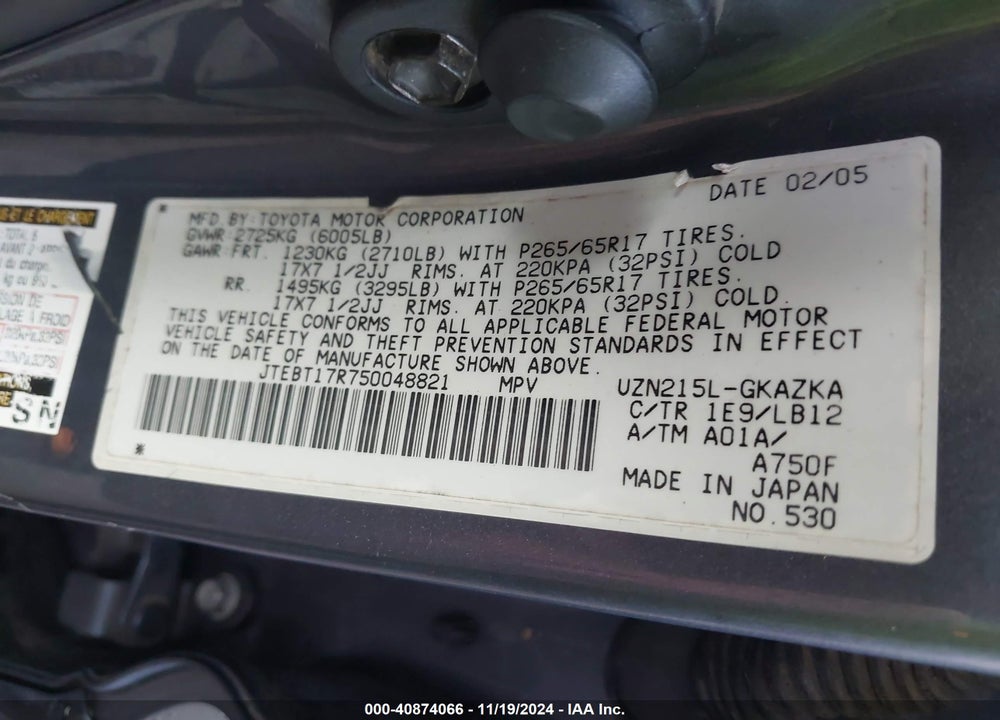 2005 TOYOTA 4RUNNER LIMITED V8 VIN: JTEBT17R750048821