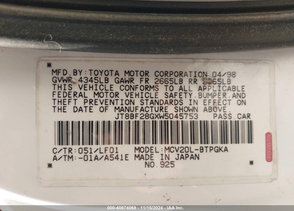 1998 LEXUS ES 300 VIN: JT8BF28GXW5045753