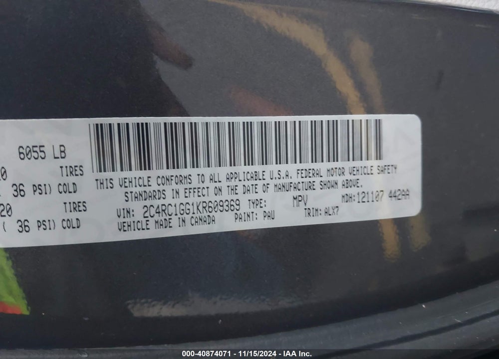 2019 CHRYSLER PACIFICA VIN: 2C4RC1GG1KR609369