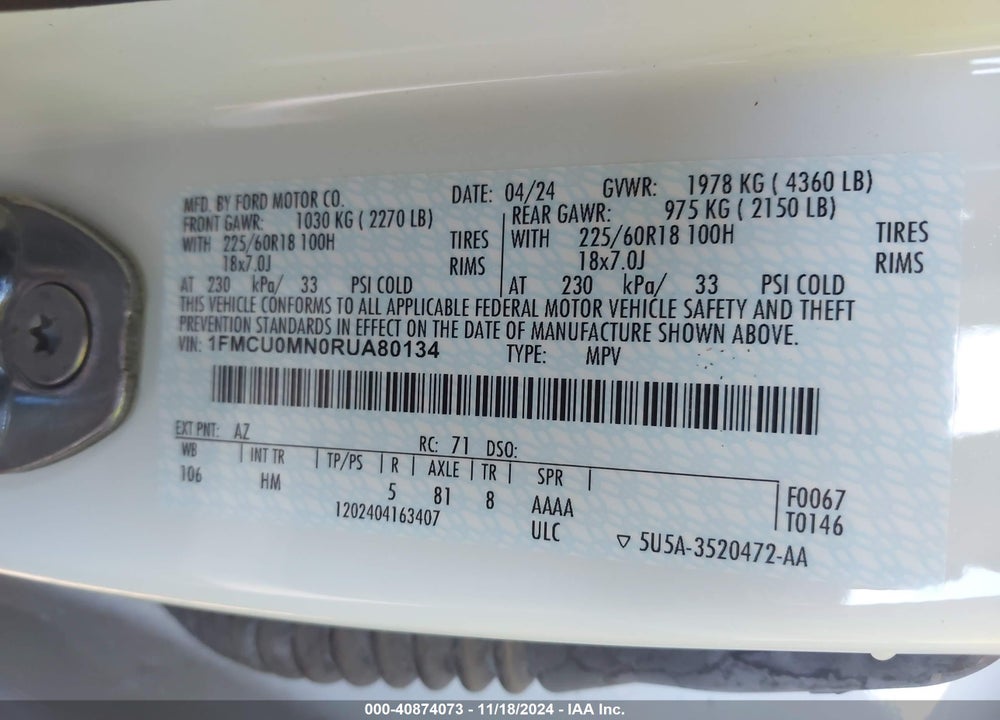 2024 FORD ESCAPE VIN: 1FMCU0MN0RUA80134