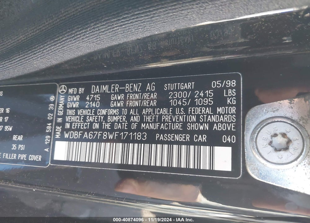 1998 MERCEDES-BENZ SL 500 VIN: WDBFA67F8WF171183