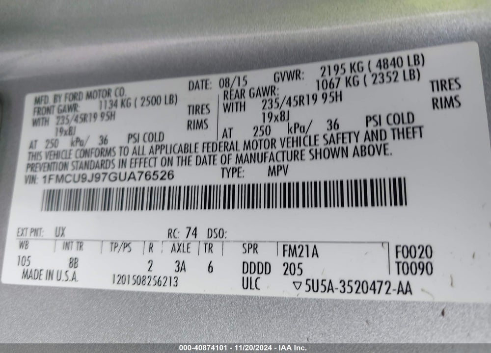 2016 FORD ESCAPE TITANIUM VIN: 1FMCU9J97GUA76526