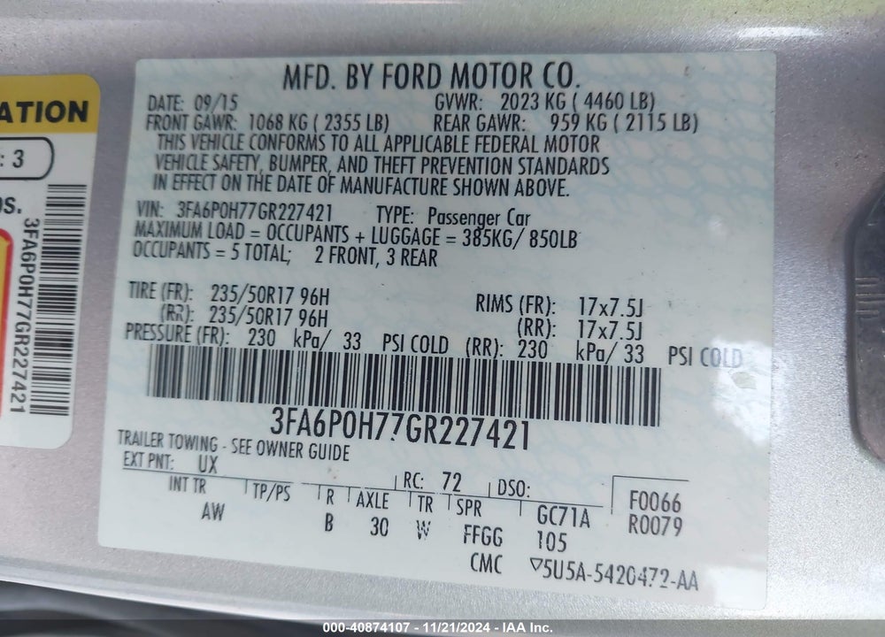 2016 FORD FUSION SE VIN: 3FA6P0H77GR227421