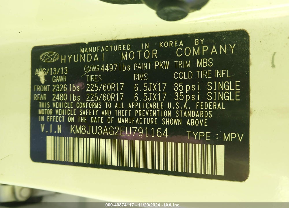 2014 HYUNDAI TUCSON SE VIN: KM8JU3AG2EU791164