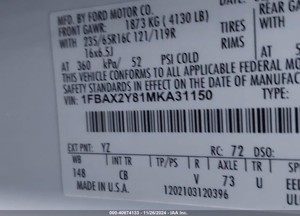 2021 FORD TRANSIT-350 PASSENGER VAN XLT VIN: 1FBAX2Y81MKA31150