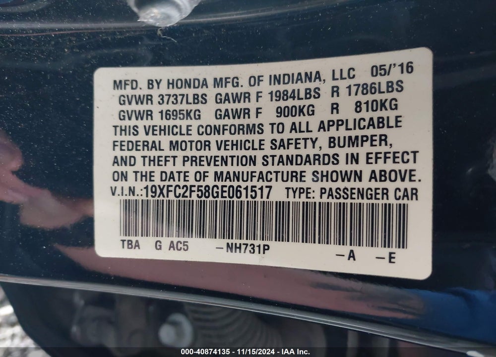 2016 HONDA CIVIC VIN: 19XFC2F58GE061517