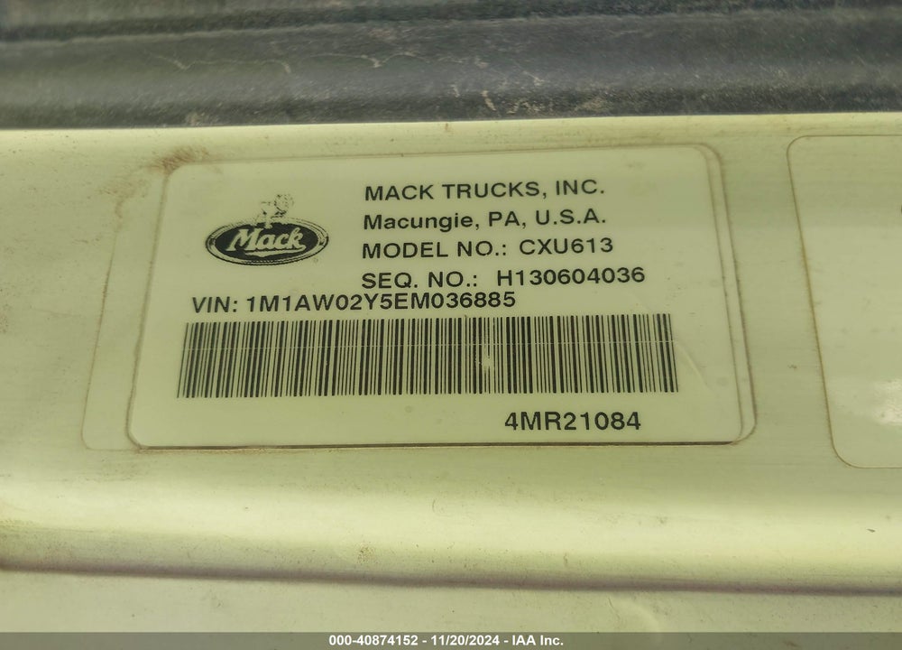 2014 MACK CXU613 CXU600 VIN: 1M1AW02Y5EM036885