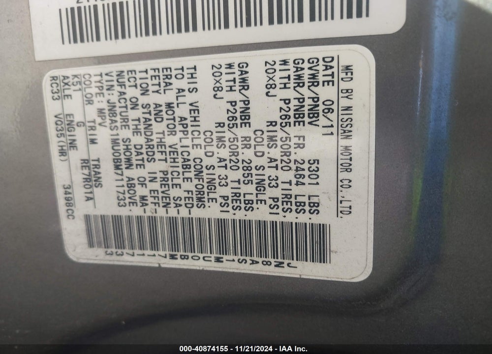 2011 INFINITI FX35 VIN: JN8AS1MU0BM711733