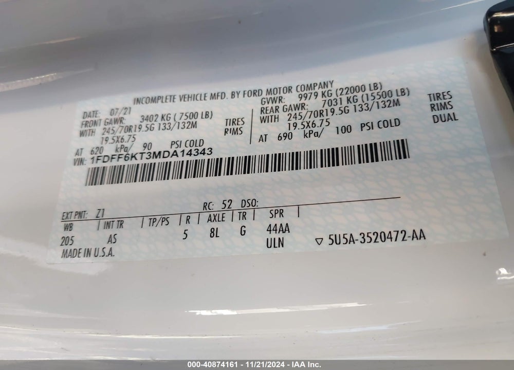 2021 FORD F-600 CHASSIS XL VIN: 1FDFF6KT3MDA14343