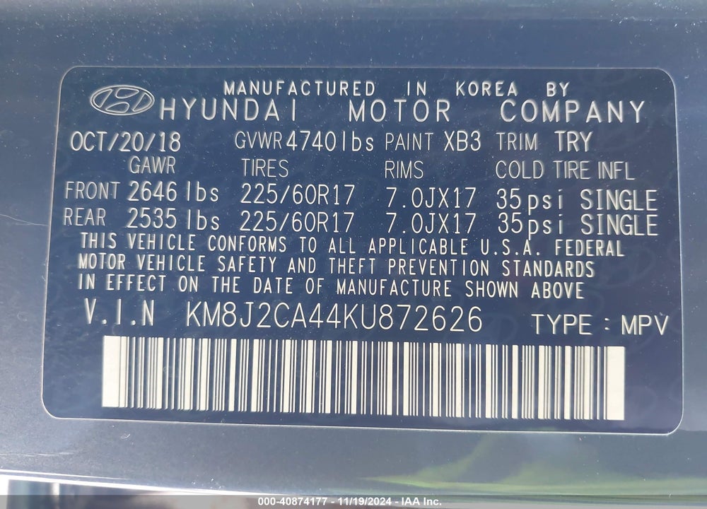 2019 HYUNDAI TUCSON SE VIN: KM8J2CA44KU872626