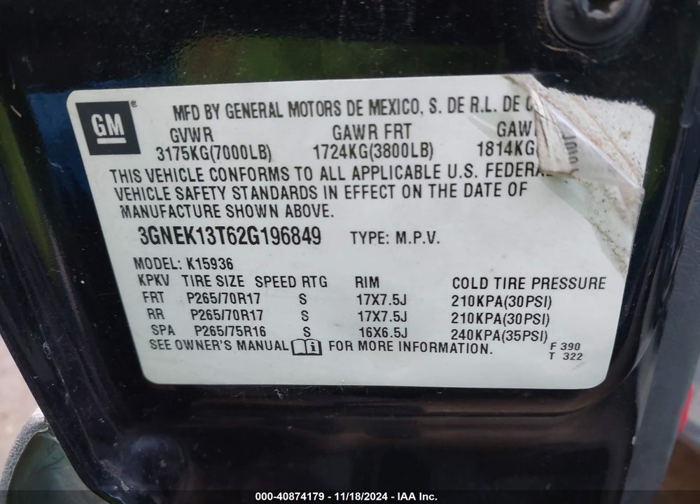 2002 CHEVROLET AVALANCHE 1500 VIN: 3GNEK13T62G196849