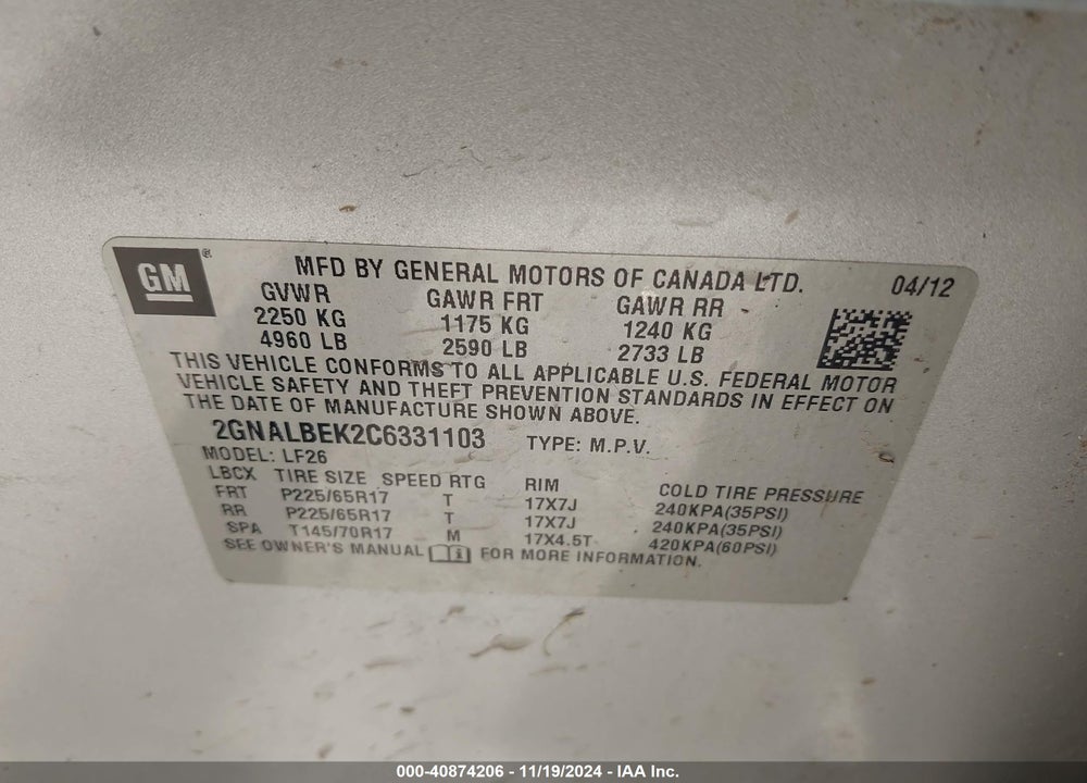 2012 CHEVROLET EQUINOX LS VIN: 2GNALBEK2C6331103
