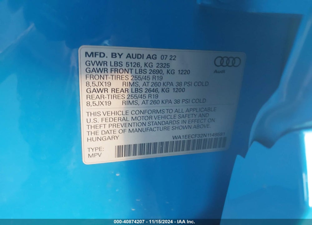 2022 AUDI Q3 PREMIUM PLUS 45 TFSI S LINE QUATTRO TIPTRONIC VIN: WA1EECF32N1149581