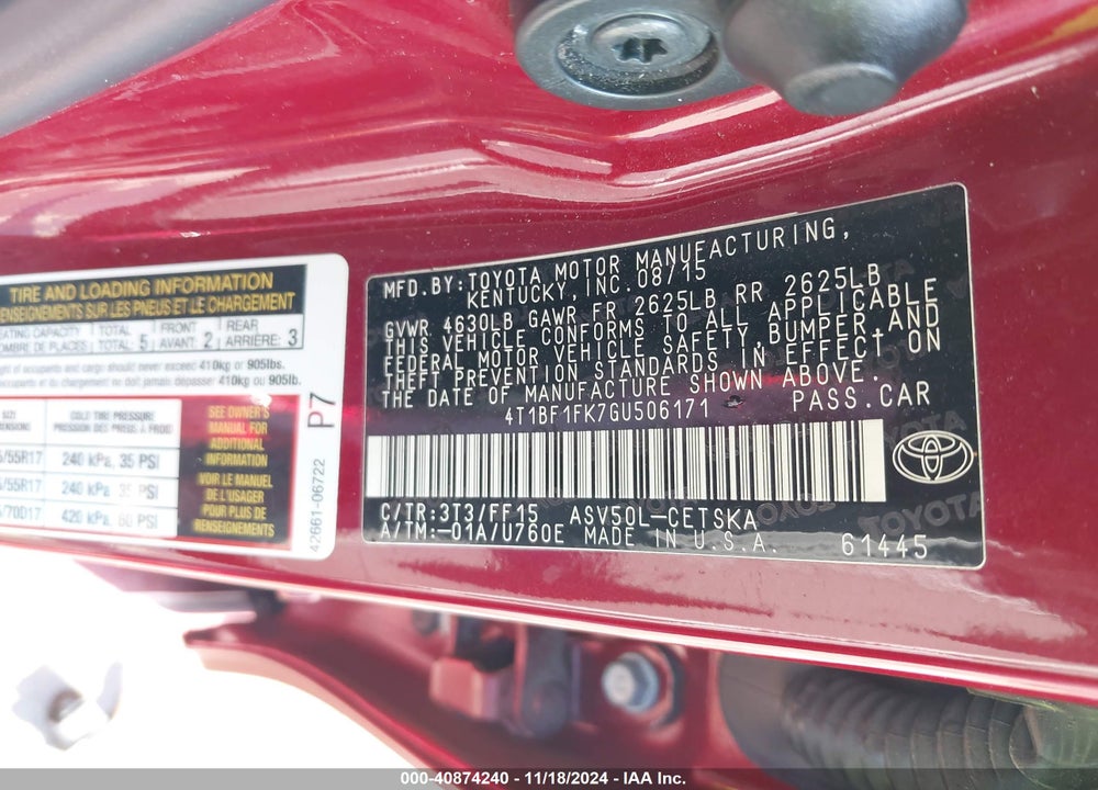 2016 TOYOTA CAMRY SE VIN: 4T1BF1FK7GU506171