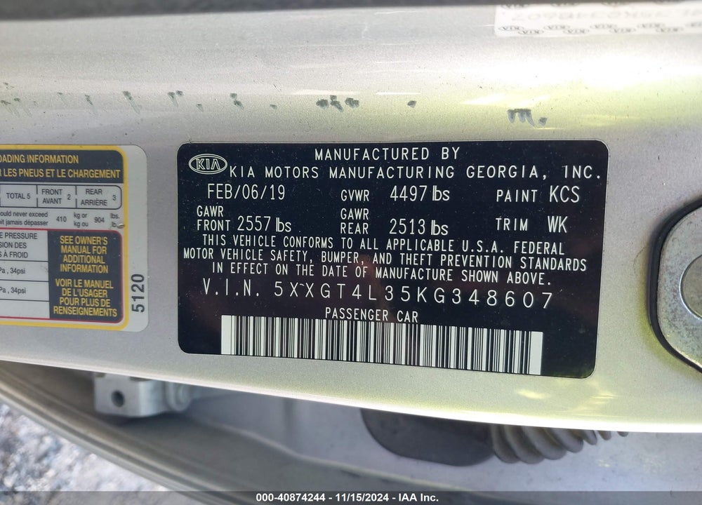 2019 KIA OPTIMA LX VIN: 5XXGT4L35KG348607