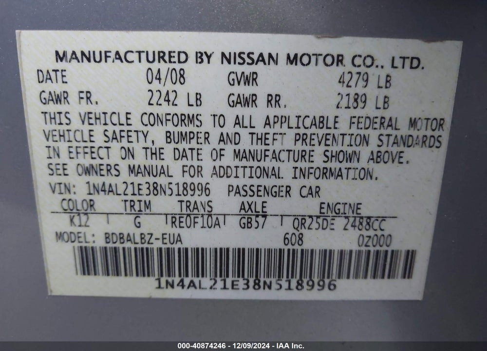 2008 NISSAN ALTIMA 2.5 S VIN: 1N4AL21E38N518996