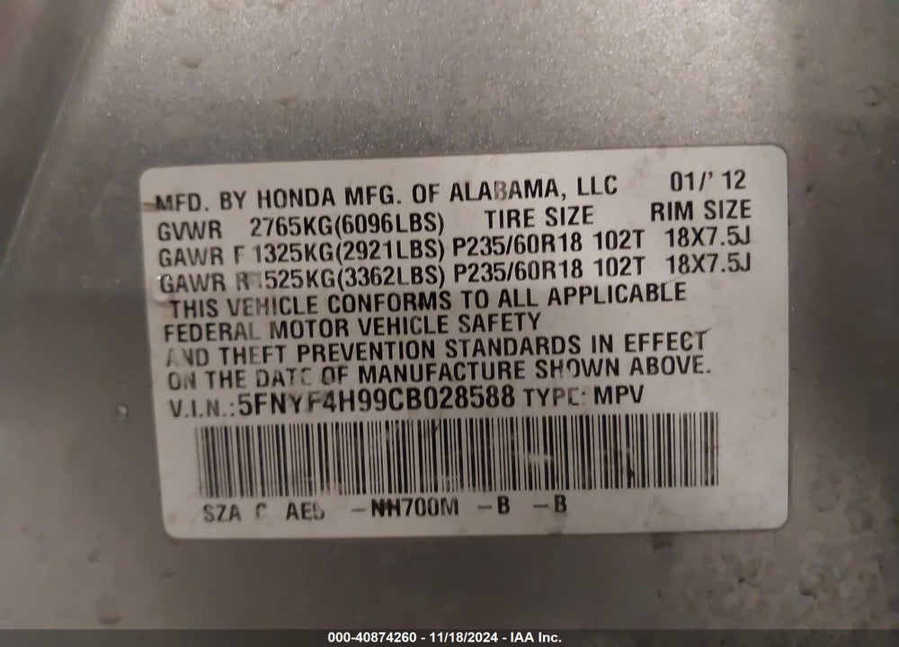 2012 HONDA PILOT TOURING VIN: 5FNYF4H99CB028588