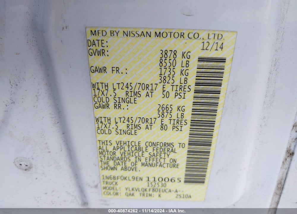 2014 NISSAN NV CARGO NV1500 S V6 VIN: 1N6BF0KL9EN110065